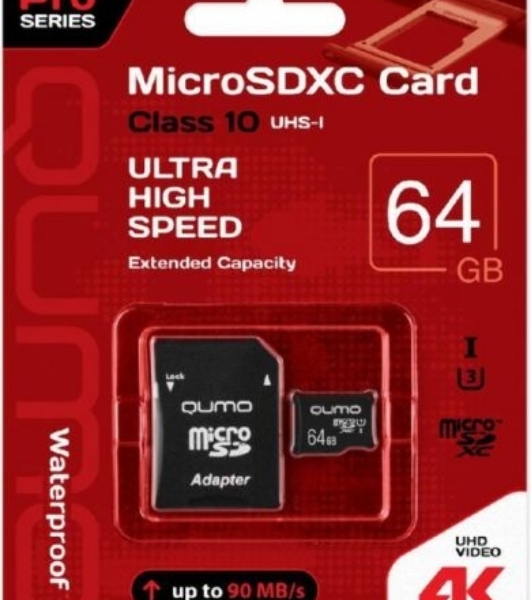 Флеш карта QUMO MicroSDXC 64Gb Сlass 10 UHS-I,3.0 без адаптера SD, черно-красная картонная упаковка