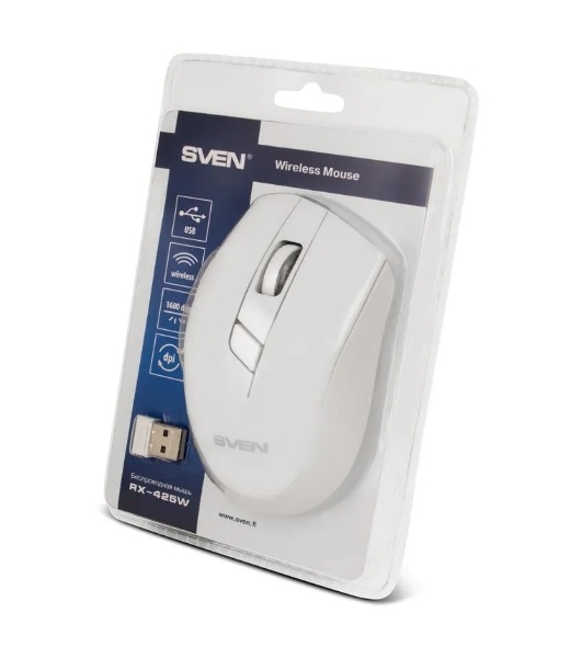Мышь беспроводная SVEN RX-425W белый, 1600 dpi, радиоканал, USB, кнопки - 6