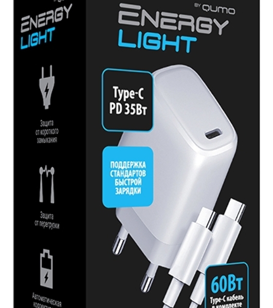 Сетевое зарядное устройство Qumo Energy light PD 35Вт (Charger 0067), 1 USB Type-C, + кб 1м, 60Вт.