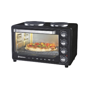 Мини-печь Sakura SA-7001HBK 35л, 3200Вт, духовка 1600Вт, конфорки 185мм+155мм (1000Вт+600Вт), механ.управление, 3 режима работы духовки (верх, низ, верх+низ), раздельная регулировка температуры духовки и конфорок, комплектация - металлическая решетка, противень и ухват. чёрны
