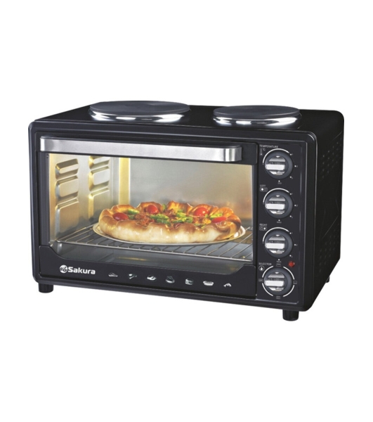 Мини-печь Sakura SA-7001HBK 35л, 3200Вт, духовка 1600Вт, конфорки 185мм+155мм (1000Вт+600Вт), механ.управление, 3 режима работы духовки (верх, низ, верх+низ), раздельная регулировка температуры духовки и конфорок, комплектация - металлическая решетка, противень и ухват. чёрны