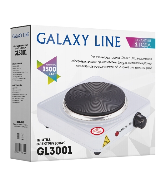 Плита настольная электрическая Galaxy Line GL3001 белый, 1.5 кВт, ТЭН, конфорки - 1, эмаль, поворотные переключатели