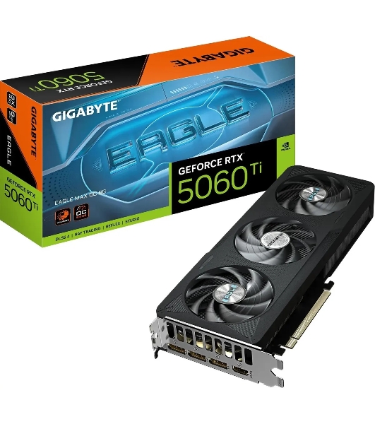 Видеокарта Gigabyte GeForce RTX 5060 Ti Eagle Max OC, NVIDIA RTX 5060 Ti, 8 ГБ GDDR7, 128 бит, PCI-e 5.0, 1xHDMI, 3xDP, 2617 МГц