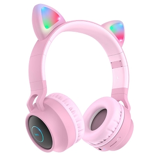 Беспроводные/проводные наушники Hoco W27 розовый, накладные, Bluetooth + проводной, 'кошачьи ушки', до 5 ч.