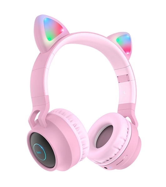 Беспроводные/проводные наушники Hoco W27 розовый, накладные, Bluetooth + проводной, 'кошачьи ушки', до 5 ч.