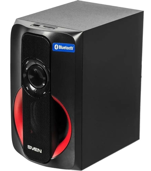 Колонки SVEN AC MS -304, черный Акустическая система, беспроводная передача сигнала по Bluetooth, суммарная мощность (RMS), Вт - 40, выходная мощность (RMS), Вт - сабвуфер: 20, сателлиты: 20 (2 х10), частотный диапазон, Гц - сабвуфер: 40 – 150, сателлиты: 150 – 20 000, размеры динамиков, мм - сабвуфер: O 128, воспроизведение с USB flash и SD card памяти, встроенное FM-радио, LED-дисплей, пульт ДУ, материал корпуса сабвуфера и сателлитов – дерево (MDF).