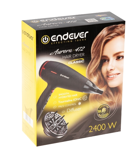 Фен Endever Aurora-472 черный, 2400 Вт, ионизация