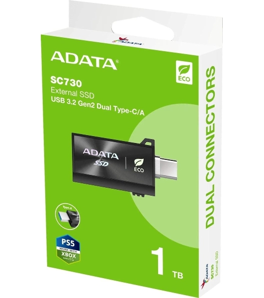 Внешний SSD ADATA SC730, 1TB, USB 3.2 Gen 2 Type-A/Type-C, R/W 600/600, черный