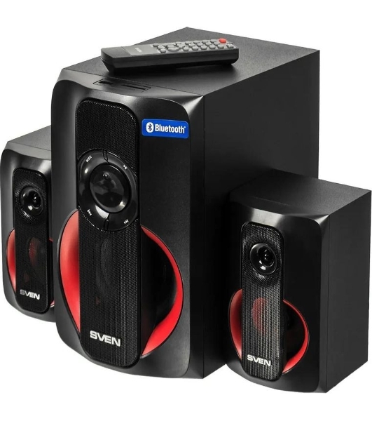 Колонки SVEN AC MS -304, черный Акустическая система, беспроводная передача сигнала по Bluetooth, суммарная мощность (RMS), Вт - 40, выходная мощность (RMS), Вт - сабвуфер: 20, сателлиты: 20 (2 х10), частотный диапазон, Гц - сабвуфер: 40 – 150, сателлиты: 150 – 20 000, размеры динамиков, мм - сабвуфер: O 128, воспроизведение с USB flash и SD card памяти, встроенное FM-радио, LED-дисплей, пульт ДУ, материал корпуса сабвуфера и сателлитов – дерево (MDF).