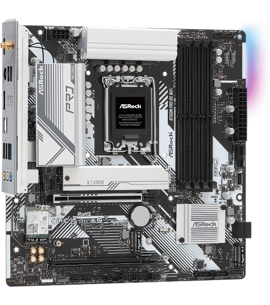 Материнская плата ASRock B760M Pro RS WiFi, LGA 1700, Intel B760, 4xDDR5, 4xSATA, 3xM.2, 1xPCIe 5.0 x16, 1xPCIe 3.0 x16, 1xHDMI, 1xDP, 1x2.5Gb LAN, Wi-Fi 6E, Bluetooth 5.3, 1xUSB-C 5Gbps, 3xUSB-A 5Gbps, 2xUSB-A 2.0, 3x3.5 мм, 7.1, mATX
