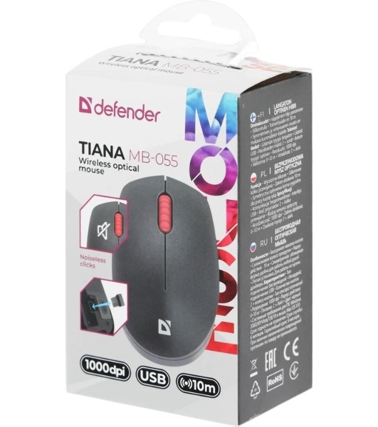 Мышь беспроводная Defender Tiana MB-055 черный, 1000 dpi, радиоканал, USB, кнопки - 3