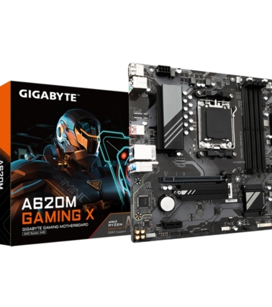 Материнская плата Gigabyte A620M GAMING X, Micro-ATX, AM5, AMD A620, 4xDDR5, 4xSATA, 1xM.2, 1xPCI-E 4.0 x16, 1xPCI-E x1, 1xHDMI, 1xDP, 1x 1Gb LAN, 1xUSB 3.2 Gen 2, 2xUSB 2.0, 2xUSB 3.2 Gen 1, 3x3.5мм, 7.1, ATX