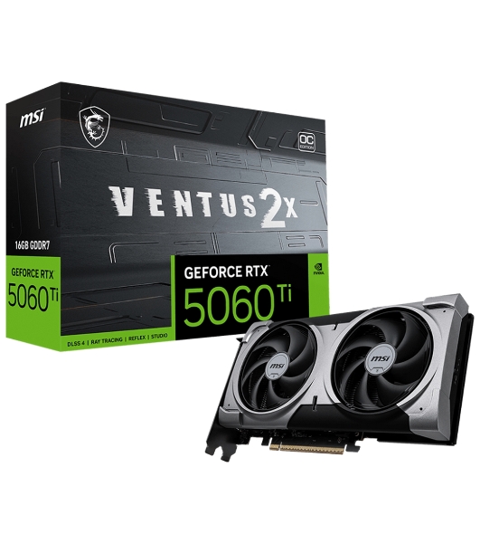 Видеокарта MSI RTX 5060 TI 16G VENTUS 2X PLUS, NVIDIA RTX 5060 Ti, 16 ГБ GDDR7, 128 бит, PCI-e 5.0, 1xHDMI, 3xDP, 2602 МГц