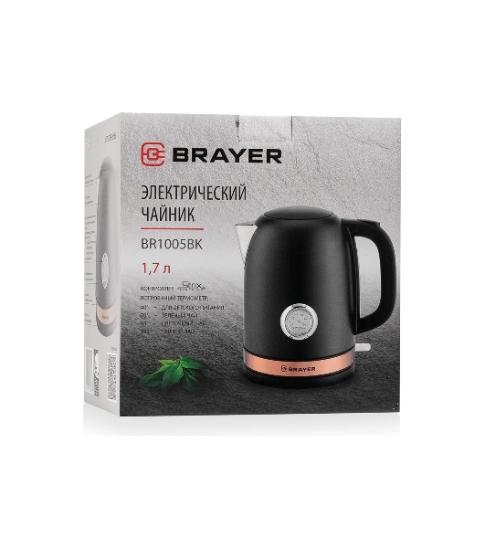 Чайник электрический BRAYER BR1005BK 2200 Вт.1.7 л, STRIX, сталь окраш, термометр, черный