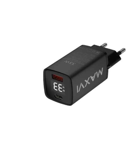 Сетевое зарядное устройство Maxvi A402PD LED 33W, 1xUSB-A, 1xUSB-C, черный