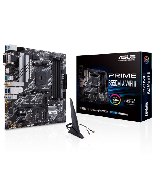 Материнская плата ASUS PRIME B550M-A WIFI II, AM4, AMD B550, 4xDDR4, 4xSATA, 2xM.2, 1xPCI-E 4.0 x16, 2xPCI-E x1, 1xDVI-D, 1xHDMI, 1xVGA, 1x 1Gb LAN, 2xUSB-A 3.2 Gen 2, 4xUSB-A 3.2 Gen 1, 3x3.5 мм, 7.1, Micro-ATX