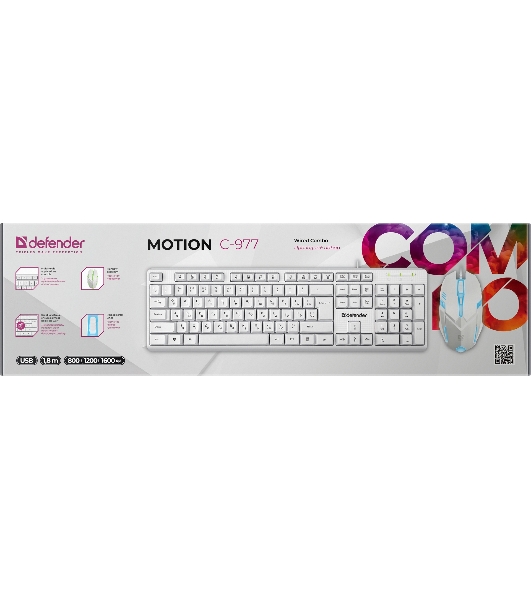 Комплект клавиатура+мышь Defender Motion C-977 проводной, USB, 1600 DPI, белый