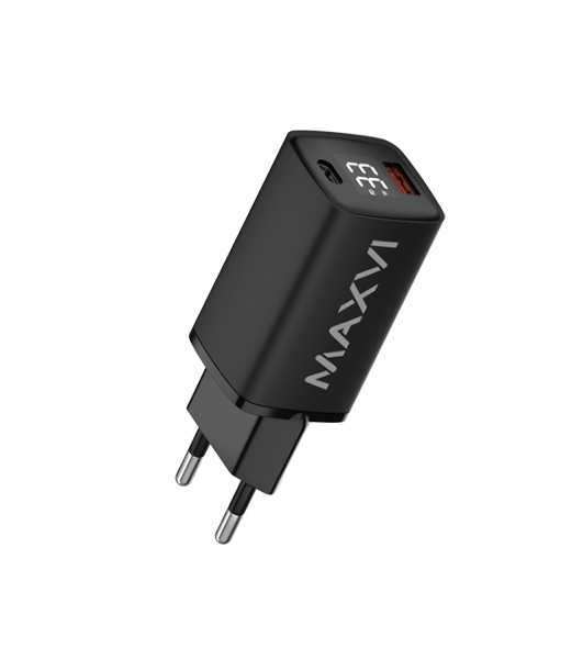 Сетевое зарядное устройство Maxvi A402PD LED 33W, 1xUSB-A, 1xUSB-C, черный