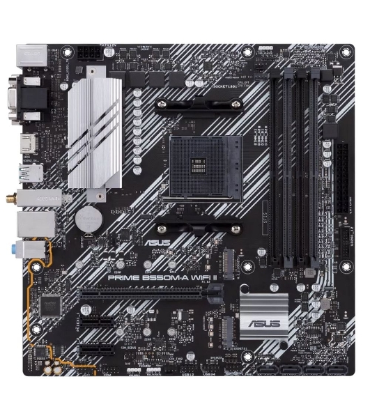 Материнская плата ASUS PRIME B550M-A WIFI II, AM4, AMD B550, 4xDDR4, 4xSATA, 2xM.2, 1xPCI-E 4.0 x16, 2xPCI-E x1, 1xDVI-D, 1xHDMI, 1xVGA, 1x 1Gb LAN, 2xUSB-A 3.2 Gen 2, 4xUSB-A 3.2 Gen 1, 3x3.5 мм, 7.1, Micro-ATX