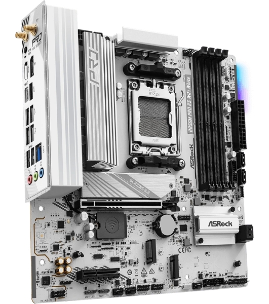 Материнская плата ASRock B850M Pro RS WiFi White, AM5, AMD B850, 4xDDR5, 4xSATA, 3xM.2, 1xPCIe 5.0 x16, 1xPCIe 4.0 x4, 1xHDMI, 1xDP, 1x2.5Gb LAN, Wi-Fi 6E, Bluetooth 5.3, 1xUSB-C 10Gbps, 1xUSB-A 10Gbps, 2xUSB-A 5Gbps, 4xUSB-A 2.0, 3x3.5 мм, 7.1, mATX