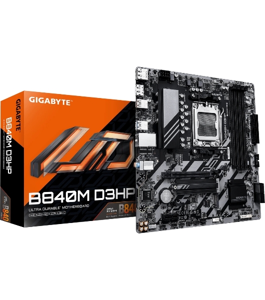 Материнская плата Gigabyte B840M D3HP, AM5, AMD B840, 4xDDR5, 4xSATA, 2xM.2, 1xPCIe 4.0 x16, 1xPCIe x1, 1xHDMI, 2xDP, 1x1Gb LAN, 1xUSB-C 5Gbps, 1xUSB-A 5Gbps, 1xUSB-A 10Gbps, 3xUSB-A 2.0, 3x3.5 мм, 7.1, mATX