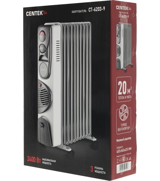Обогреватель масляный Centek CT-6203-9 (9 секций) белый, 2400 Вт, 20 м2, 3 режима, термостат