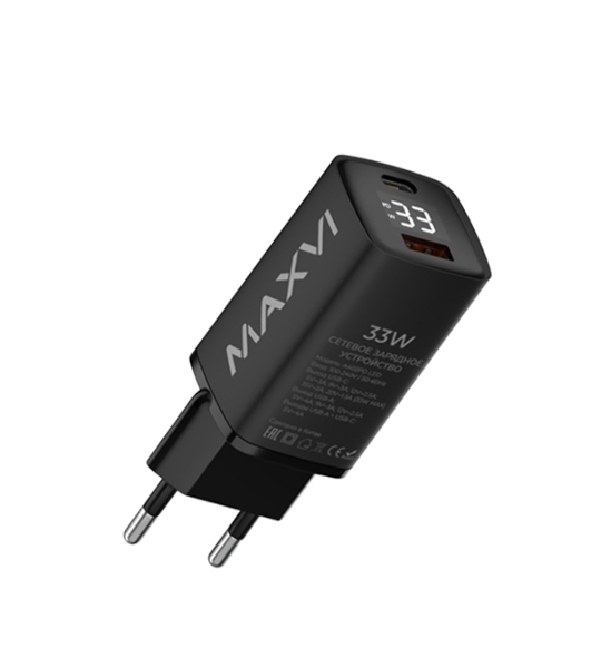 Сетевое зарядное устройство Maxvi A402PD LED 33W, 1xUSB-A, 1xUSB-C, черный