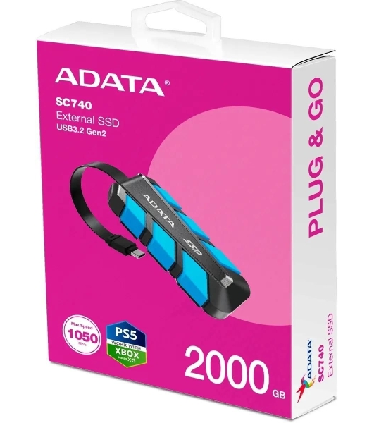 Внешний SSD ADATA SC740, 2TB, USB 3.2 Gen 2 Type-C, R/W 1050/1000, синий