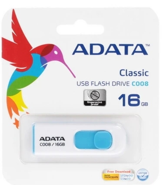 Флешка USB ADATA Classic C008 (AC008-16G-RWE), 16GB, USB 2.0, R/W 15/5, белый/голубой