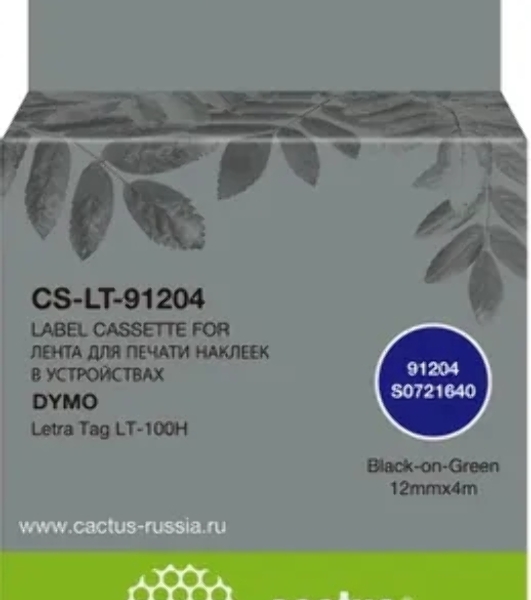 Картридж ленточный Cactus CS-LT-91204 черный шрифт, зеленый фон (12 мм, 4 м) для Dymo Letra Tag LT-100H