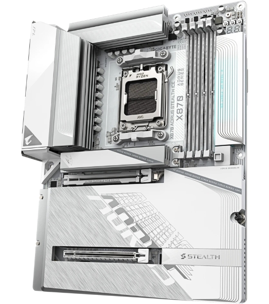 Материнская плата Gigabyte X870 AORUS STEALTH ICE, AM5, AMD X870, 4xDDR5, 2xSATA, 4xM.2, 1xPCIe 5.0 x16, 1xPCIe 4.0 x16, 1xHDMI, 1x5Gb LAN, Wi-Fi 7, Bluetooth 5.4, 2xUSB-C 40Gbps (USB4), 1xUSB-C 10Gbps, 4xUSB-A 10Gbps, 4xUSB-A 5Gbps, 4xUSB-A 2.0, 3x3.5 мм + S/PDIF оптический, 7.1, ATX