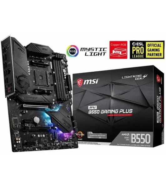 Материнская плата MSI MPG B550 GAMING PLUS, AM4, AMD B550, 4xDDR4, 6xSATA, 2xM.2, 1xPCI-E 4.0 x16, 1xPCI-E 3.0 x4, 2xPCI-E x1, 1xHDMI, 1xDP, 1x 1Gb LAN, 4xUSB-A 2.0, 2xUSB-A 3.2 Gen 1, 1xUSB-A 3.2 Gen 2, 1xUSB-C 3.2 Gen 2, 5x3.5 мм, 7.1, ATX