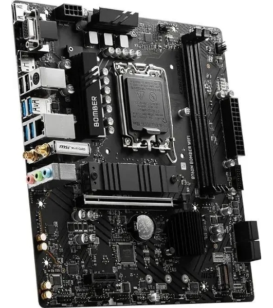 Материнская плата MSI B760M BOMBER WIFI, LGA 1700, Intel B760, 2xDDR5, 4xSATA, 2xM.2, 1xPCIe 4.0 x16, 1xPCIe x1, 1xVGA, 1xHDMI, 1xDP, 1x2.5Gb LAN, Wi-Fi 6E, Bluetooth 5.3, 4xUSB-A 5Gbps, 2xUSB-A 2.0, 1xPS/2, 3x3.5 мм, 7.1, чёрный, mATX
