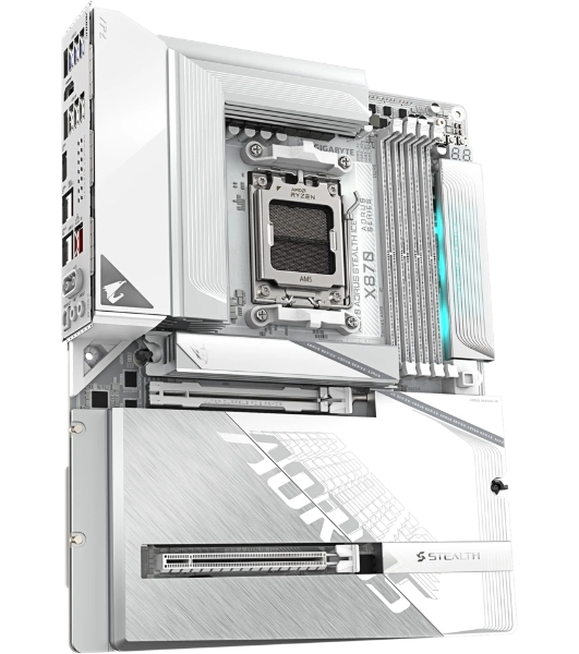 Материнская плата Gigabyte X870 AORUS STEALTH ICE, AM5, AMD X870, 4xDDR5, 2xSATA, 4xM.2, 1xPCIe 5.0 x16, 1xPCIe 4.0 x16, 1xHDMI, 1x5Gb LAN, Wi-Fi 7, Bluetooth 5.4, 2xUSB-C 40Gbps (USB4), 1xUSB-C 10Gbps, 4xUSB-A 10Gbps, 4xUSB-A 5Gbps, 4xUSB-A 2.0, 3x3.5 мм + S/PDIF оптический, 7.1, ATX