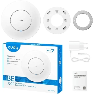 Точка доступа Wi-Fi CUDY BE3600 Wi-Fi 7 2 5G Access Point BE3600 Dual Band Ceiling Mount Wi-Fi 7 Access Point, Chipset Broadcom, 802.11be/ax/ac/a/b/g/n, 2880Mbps at 5GHz +688Mbps at 2.4GHz, 1 x 2.5G RJ45 Port, MU-MIMO, Support 12V DC or 802.3at PoE or Passive PoE, Internal Antennas, 12V DC adapter included, Cudy