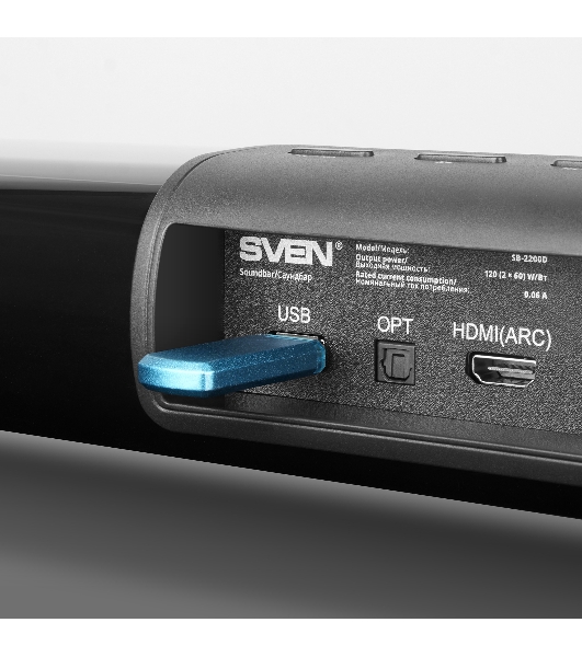 Саундбар SVEN SB-2200D черный (2 x 60W, Bluetooth сабвуфер 180W, пульт ДУ, LED-дисплей, HDMI, USB)