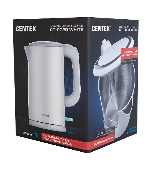 Электрочайник Centek CT-0020 белый, 1.7 л, 2200 Вт, скрытый нагревательный элемент
