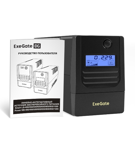 Источник бесперебойного питания ExeGate Smart LB-650.LCD.AVR.2SH (650VA/390W, LCD, AVR, 2*Schuko, батарея 12V 7Ah, черный)