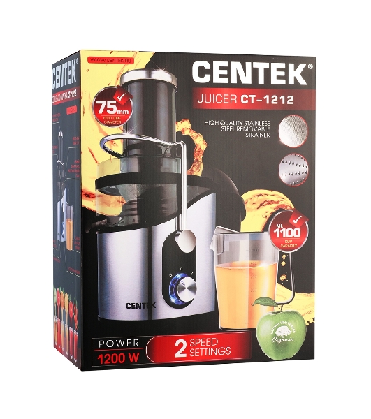 Соковыжималка Centek CT-1212 стальной/чёрный, центробежная, 1200 Вт, 1100 мл, механическое