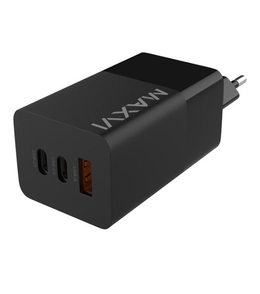 Сетевое зарядное устройство Maxvi A483GN 65W, 1xUSB-A, 2xUSB-C, черный