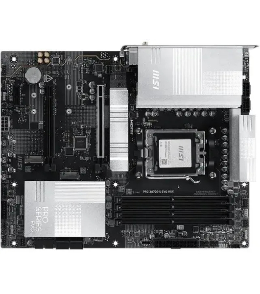 Материнская плата MSI PRO X870E-S EVO WIFI, AM5, AMD X870E, 4xDDR5 (до 256 ГБ), 4xSATA, 3xM.2 (1xPCIe 5.0, 2xPCIe 4.0), 1xPCIe 5.0 x16, 1xPCIe 4.0 x16, 1xPCIe x1, 1xHDMI, 1x5Gb LAN, Wi-Fi 7, Bluetooth 5.4, 1xUSB-C 40Gbps (USB4), 1xUSB-C 20Gbps, 2xUSB-A 10Gbps, 2xUSB-A 5Gbps, 4xUSB-A 2.0, 3x3.5 мм, 7.1, чёрный, ATX