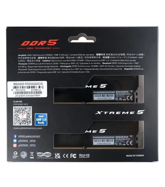 Оперативная память Patriot Viper Xtreme 5, DDR5, 32GB (2x16GB), 7600MHz, CL36, DIMM, с радиаторами, черный