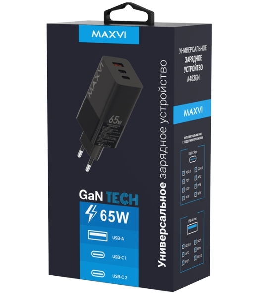 Сетевое зарядное устройство Maxvi A483GN 65W, 1xUSB-A, 2xUSB-C, черный