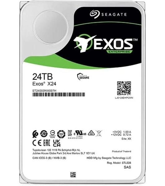 Жесткий диск серверный Seagate 3.5'; 24TB Exos X24 SAS 12Gb/s, 7200 rpm, 512 MB ST24000NM007H