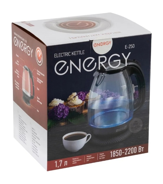 Чайник Energy E-250 (1.7 л) стекло/пластик черный