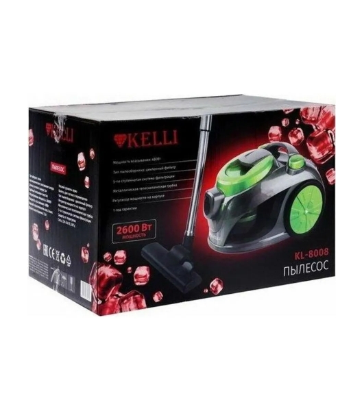 Пылесос Kelli KL-8008 зеленый/серый, 480/2600 Вт, уборка сухая, пылесборник контейнер 2,5 л