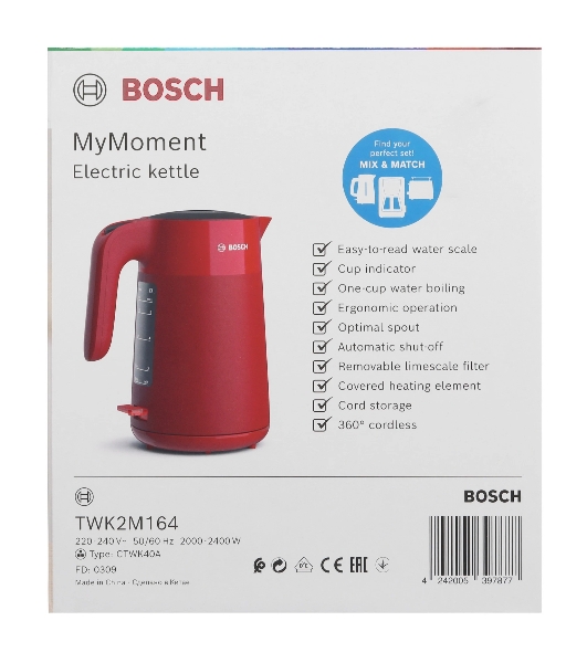 Электрочайник Bosch TWK2M164 красный, 1.7 л, 2400 Вт, скрытый нагревательный элемент