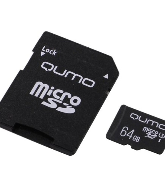 Флеш карта QUMO MicroSDXC 64Gb 90/45 МБ/с UHS-I U3, Pro seria 3.0, адаптер в комплекте SD, красная картонная упаковка