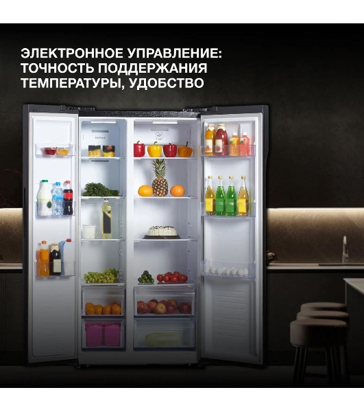 Холодильник Hyundai CS5003F черное стекло двухкамерный 331/165л морозилка сбоку, No Frost, Side by Side