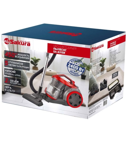 Пылесос Sakura SA-8315R красный/черный, 450/2400 Вт, уборка сухая, пылесборник контейнер 2 л